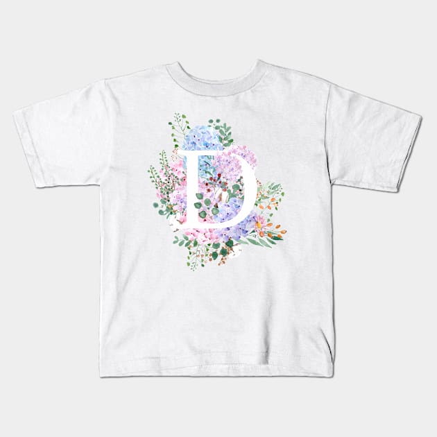 botanical monogram alphabet D hydrangea flowers Kids T-Shirt by colorandcolor